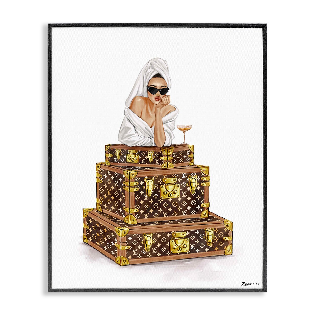 Stupell Industries Luxury Bathrobe Girl & Champagne Framed Giclee, design by Ziwei Li